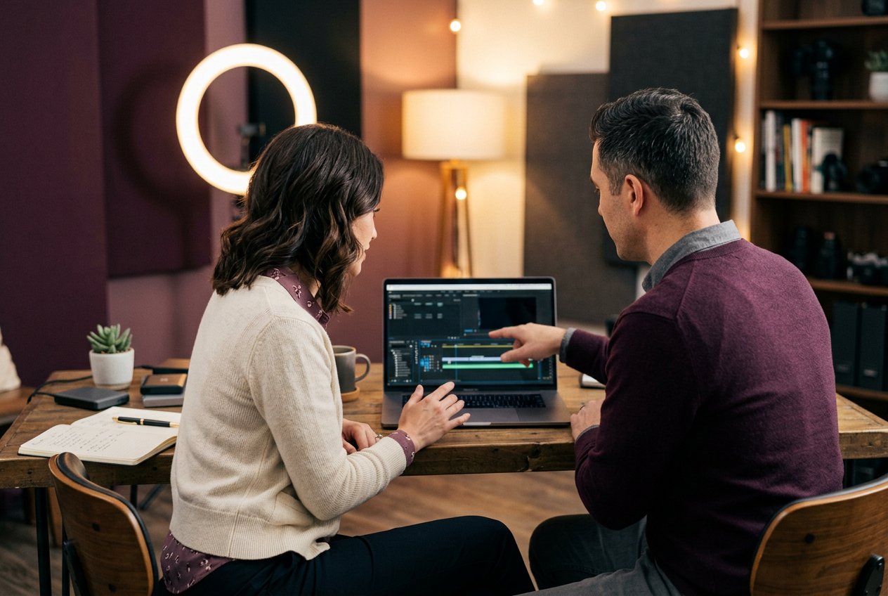 Two adult creators reviewing a laptop together in a warm studio, seen from behind
