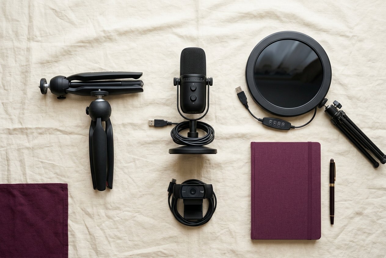 Creator equipment laid out: ring light, microphone, webcam, tripod and notebook on a cream surface