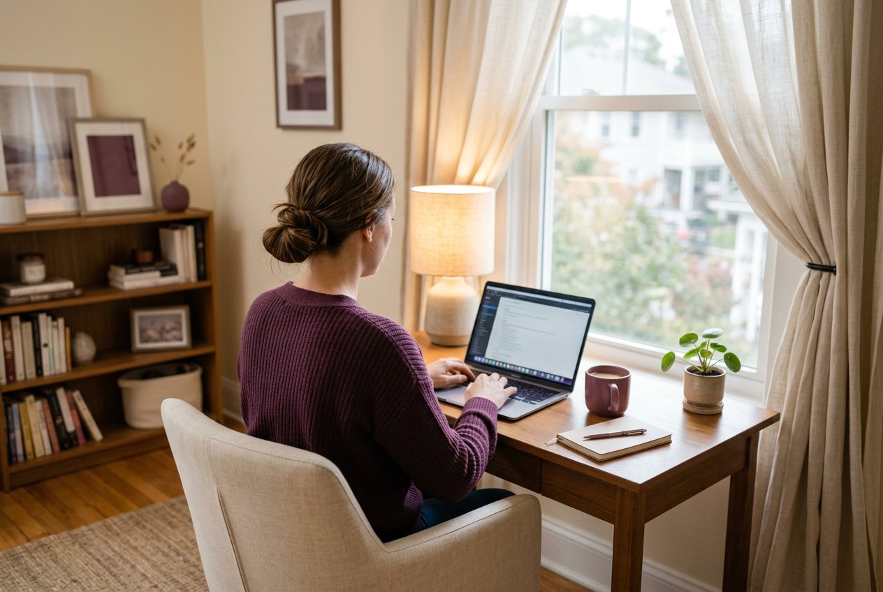 An adult creator working privately at a laptop by a curtained window, seen from behind