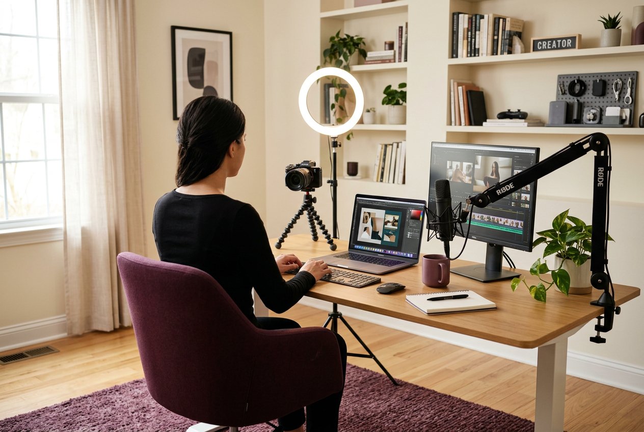 An adult creator at a tidy home studio desk with a ring light and camera, seen from behind
